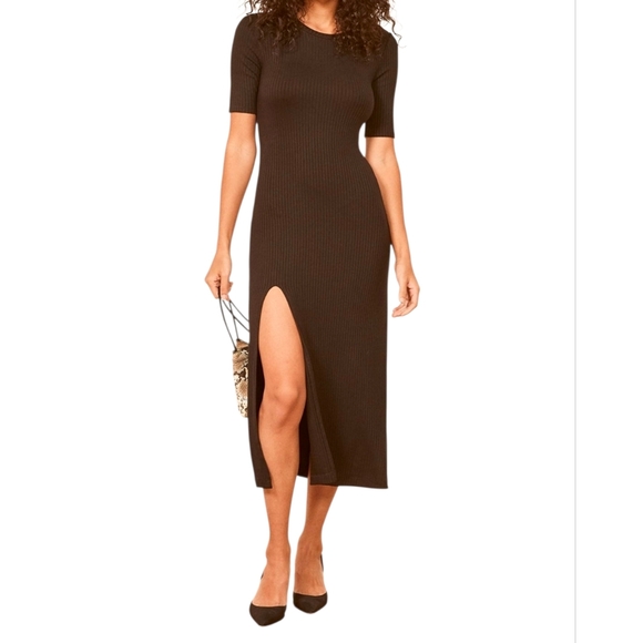 Reformation black Slit  ribbed knit midi dress  Strechy Small - Picture 3 of 16